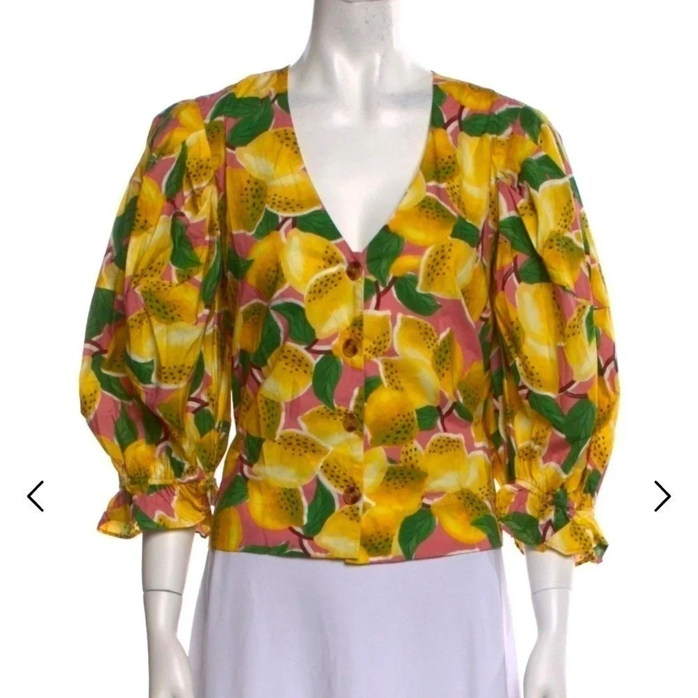 Farm Rio Fresh Lemons Puff Sleeves Shirt Womens Small Yellow Tropical Boho NWT